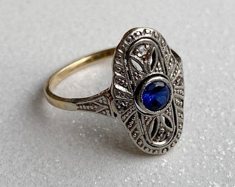 Edwardian Navette Ring with Sapphire Platinum Gold Ring Sapphire Vintage Art Deco Engagement ring Gift For Her Sister Mother Gift Idea