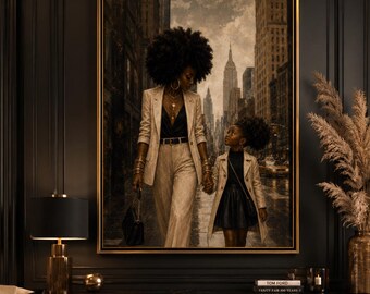 Black Mother Daughter Wall Art, African American Art Print, Afrocentric Family Decor, New York City Wall Art, Digital Download