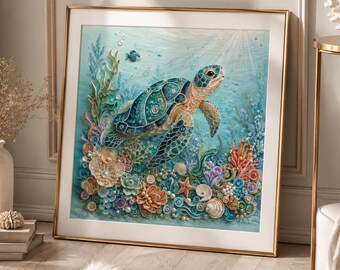 Sea Turtle PNG Digital Download, Diamond Art Style Turtle Design, Ocean Sublimation PNG, Coastal Marine Life Clipart