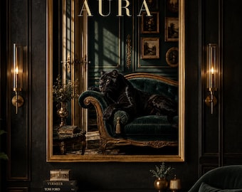 Black Panther Wall Art, Dark Green Maximalist Decor, Luxury Animal Poster, Moody Gothic Print, Digital Download