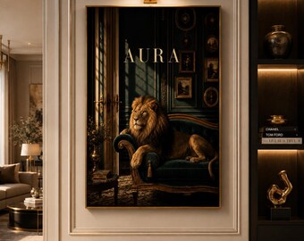 Lion Wall Art, Black Gold Lion Print, Majestic Lion Poster, Luxury Animal Wall Decor, Dark Moody Artwork, Digital Download