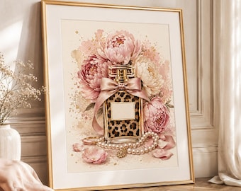 Perfume Wall Art Digital Download, Leopard Perfume Print, Pink Peony Wall Art, Luxury Fashion Art, Beauty Room Decor, Vanity Printable