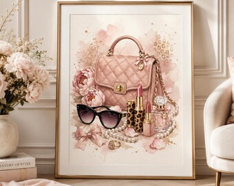 Pink Fashion Wall Art, Handbag Printable, Glam Makeup Wall Art, Feminine Vanity Decor, Peony Fashion Print, Digital Download