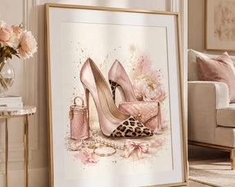 Pink High Heels Wall Art, Fashion Watercolor Print, Leopard Shoe Poster, Feminine Glam Decor, Girly Printable Wall Art, Digital Download