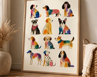 Colorful Dog Wall Art Print, Dog Lover Decor, Whimsical Dog Poster, Pet Lover Gift, Cute Dog Artwork, Animal Wall Decor