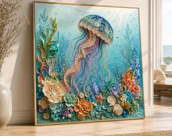 Jellyfish Wall Art, Ocean Wall Art Printable, Coastal Sea Life Decor, Underwater Jellyfish Print, Beach House Art, Digital Download