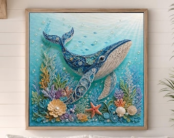 Whale Wall Art Printable, 3D Paper Quilling Style, Coastal Beach House Decor, Ocean Animal Artwork,Nautical Sea Life Print, Digital Download