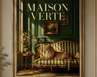 Green Cheetah Wall Art, Vintage Leopard Print, Dark Green Maximalist Decor, Luxury Animal Poster, Maison Verte Digital Download