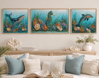 Coastal Wall Art Set of 3, Whale Seahorse Dolphin Prints, Paper Quilling Ocean Decor, Beach House Printable, Digital Download