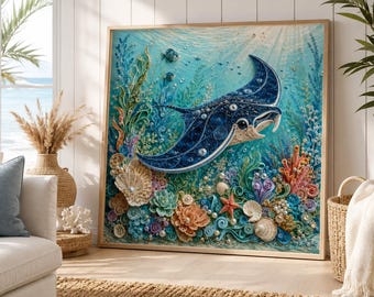 Manta Ray Wall Art, Ocean Wall Art Printable, Coastal Marine Life Decor, Stingray Art Print, Beach House Wall Decor, Digital Download