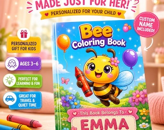 Libro para colorear personalizado con nombre de abeja para niños, regalo personalizado, libro de actividades para niños pequeños, regalo preescolar, actividad de viaje, edades de 3 a 6 años.