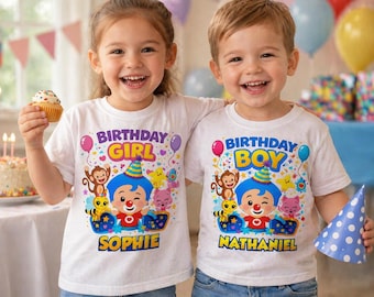 Camiseta de cumpleaños para niño y niña de Plim Plim, nombre personalizado, camiseta de celebración personalizada