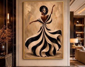 Afro Woman Wall Art Print, Black Woman Floral Crown Poster, Striped Dress Artwork