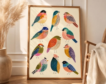 Colorful Whimsical Bird Art Print, Vibrant Wall Decor, Kitchen Poster