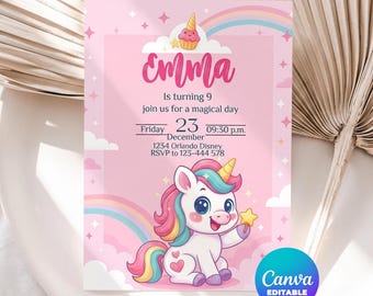 Invitación de cumpleaños animada de unicornio, Magia de arcoíris pastel (Descarga digital)