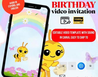 Bee Birthday Video Invitation: Animated Plim Plim Theme, Editable Canva (Digital Download)