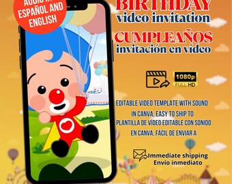 Animierte Plim Plim Clown Geburtstagseinladung, bearbeitbare Canva (digital)