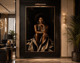 Black Woman Wall Art, Afrocentric Woman Portrait, Black and Gold Wall Art, African American Art Print, Luxury Feminine Decor, Digital