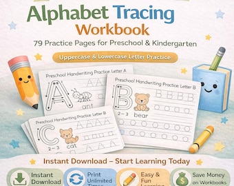 79 hojas de práctica del alfabeto / Páginas imprimibles para trazar letras mayúsculas y minúsculas para preescolar y jardín de infancia
