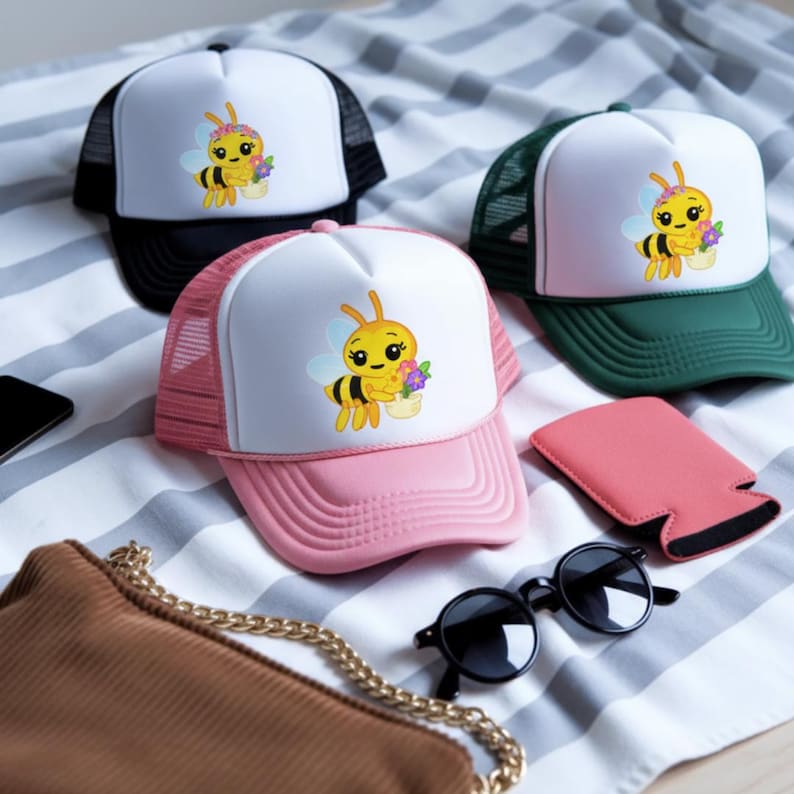 Peut inclure: Trois casquettes de baseball avec un motif d'abeille de dessin anim&eacute;. Une casquette a un dos et une visi&egrave;re en filet noir, une autre en rose et la troisi&egrave;me en vert. Sont &eacute;galement pr&eacute;sent&eacute;s des lunettes de soleil et un &eacute;tui &agrave; canette rose.