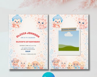 Invitación de primer cumpleaños de Plim Plim, plantilla editable de Canva (descarga digital)