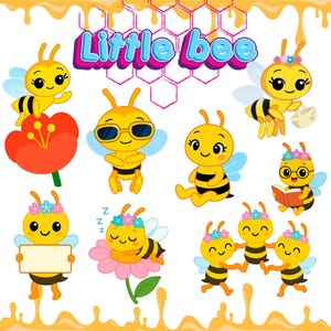 Peut inclure: Illustration color&eacute;e avec des abeilles de dessin anim&eacute; dans diverses poses, certaines portant des bandeaux fleuris. Le texte "Little bee" est affich&eacute; dans une police vive, avec un fond en nid d'abeille et une bordure sur le th&egrave;me du miel.