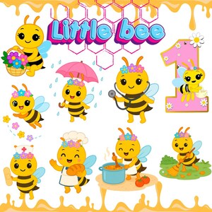 Peut inclure: Ensemble de dessins de petites abeilles dans diverses situations, tenant un panier de fleurs, un parapluie et un st&eacute;thoscope. L'expression "Little bee" est affich&eacute;e au-dessus des abeilles. Le chiffre "1" est &eacute;galement pr&eacute;sent.