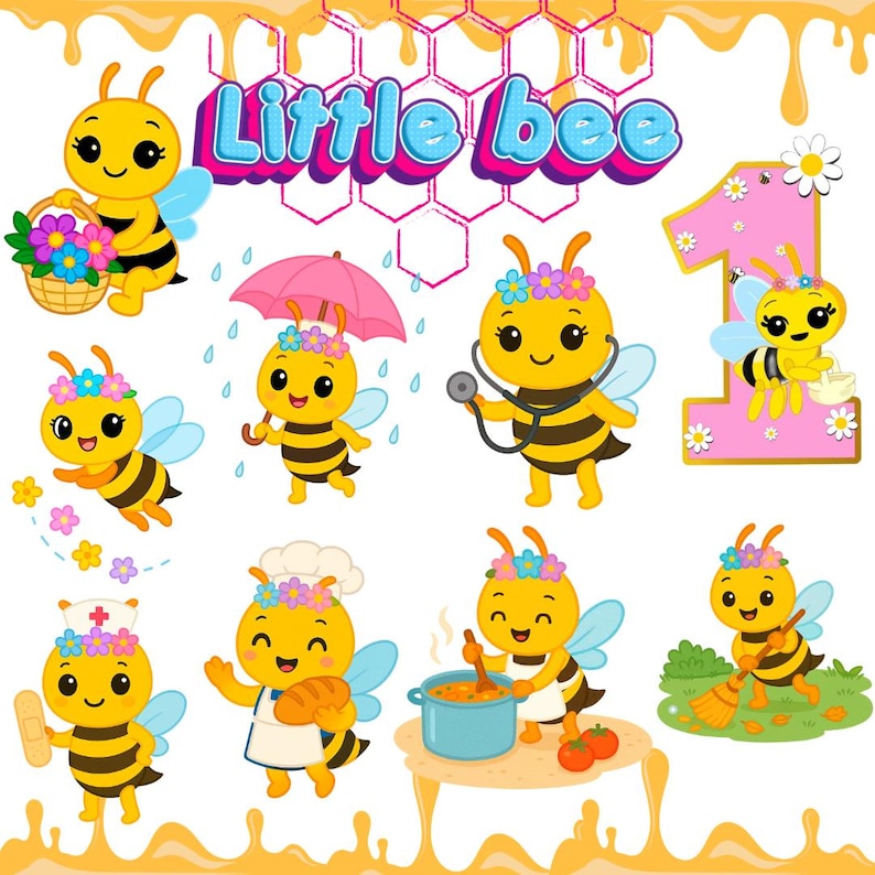 Peut inclure: Ensemble de dessins de petites abeilles dans diverses situations, tenant un panier de fleurs, un parapluie et un st&eacute;thoscope. L'expression "Little bee" est affich&eacute;e au-dessus des abeilles. Le chiffre "1" est &eacute;galement pr&eacute;sent.