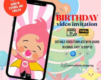 Video invitación de cumpleaños de la abejita – Plim Plim rosa / Editable en Canva / Descarga digital