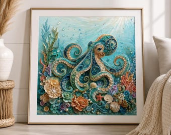 Octopus Wall Art, Ocean Wall Art Printable, Coastal Sea Life Decor, Nautical Octopus Print, Beach House Art, Digital Download