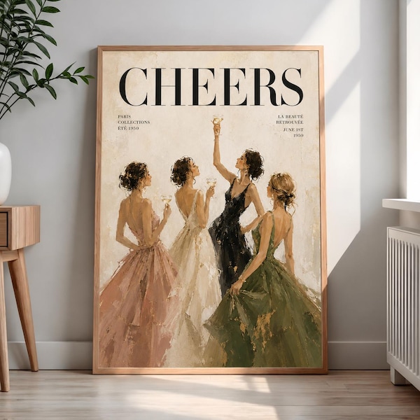 Prost-Poster, Modeillustration, Wandbild für eine Champagnerparty, Gemälde einer eleganten Frau, Dekoration für redaktionelle Zwecke, stilvolle Raumgestaltung