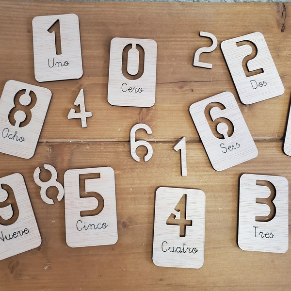 10 Tarjetas madera educativas números, tarjetas Montessori, plantillas y moldes números, regalo infantil, regalo niños, tarjetas números.
