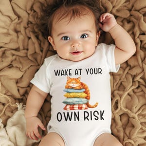Wake At Your Own Risk Bodysuit, Sleeping Cat Art Bodysuits, Orange Tabby Cat Illustration, Stack of Pillows Onesie, Funny Baby Apparel