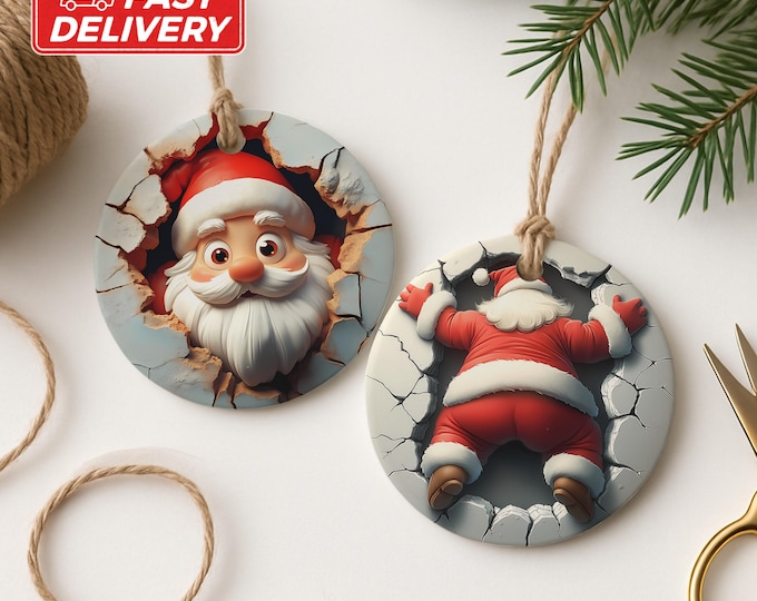 Dual-Sided 3D Style Santa Claus Ornament, Funny Christmas Decor, Unique Holiday Decoration, Santa in Wall, Humorous Xmas Ornament Gift Idea