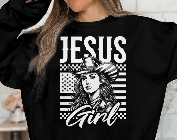 Jesus Girl Cowboy Hat American Flag T-Shirt, Jesus is King Shirt, Christian Merch Shirt, Christian Streetwear Faith Based Patriotic Apparel