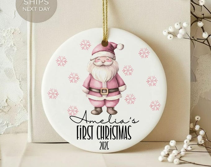 Personalized First Christmas Ornament, Pink Santa, Baby's First Christmas, 2024 Ornament, Custom Name Ornament, Christmas Gift