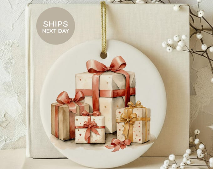 Watercolor Christmas Presents Ornament, Neutral Holiday Gift Box Tree Decor, Cute Aesthetic Ceramic Xmas Keepsake for Secret Santa