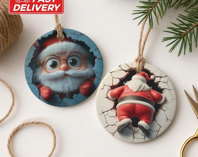 Funny Santa Ornament, Wall Crash Ornament, Dual Sided Santa Claus Ornament, Christmas Ornament, Festive Ornament