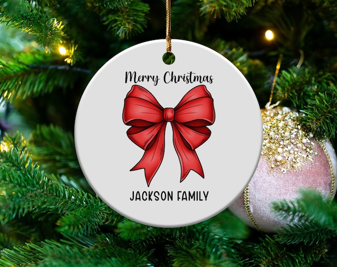 Custom Family Christmas Coquette Ornament, Merry Christmas Bow Decoration, Personalized Holiday Gift, Red Ribbon Christmas Keepsake