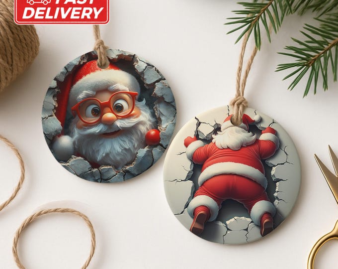 Dual Sided Santa Ornament, Breaking Through Christmas Decoration, Funny Holiday Decor, Quirky Ornament, Unique Christmas Gift