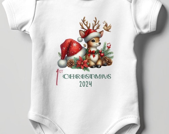 Baby's First Christmas Bodysuit 2024, Custom Baby Keepsake, Personalized Xmas Bodysuit, Deer Lovers Christmas Bodysuit With Santa Hat