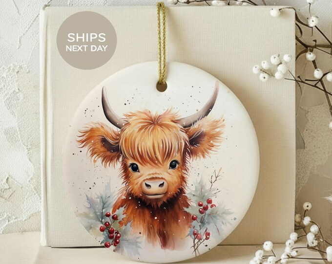 Highland Cow Christmas Ornament, Rustic Farmhouse Ceramic Holiday Decor, Cute Scottish Calf Tree Bauble, Farm Animal Secret Santa Gift