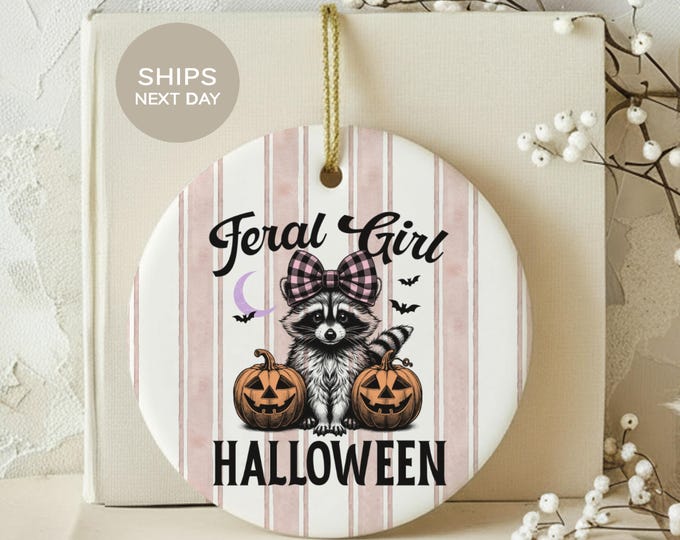 Feral Girl Halloween Ornament, Cute Raccoon Coquette Bow Decor, Funny Spooky Season Trash Panda Gift, Spooky Tree Pumpkin Keepsake