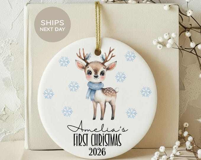 Baby First Christmas Ornament, Custom Woodland Deer Keepsake, Personalized Baby Name Fawn Holiday Tree Decor, New Mom Grandparent Gift
