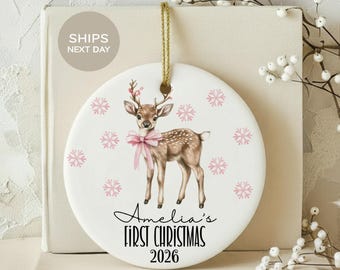Baby First Christmas Ornament, Personalized Deer Fawn Keepsake, Custom Girl 1st Xmas Ceramic Ornament, Pink Woodland Nursery Holiday Decor