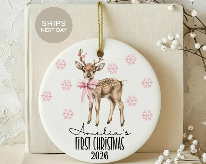 Baby First Christmas Ornament, Personalized Deer Fawn Keepsake, Custom Girl 1st Xmas Ceramic Ornament, Pink Woodland Nursery Holiday Decor