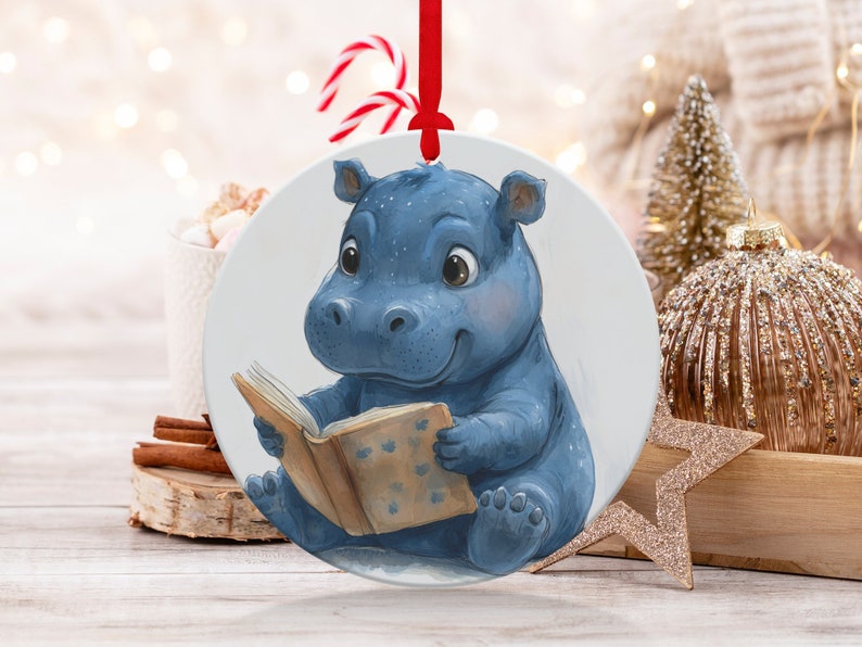Cute Blue Hippo Reading a Book Adorable Ornaments, Christmas Ornament
