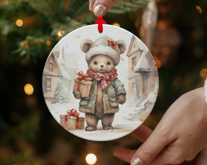 Cute Teddy Bear Ornament with Christmas Gift, Winter Holiday Decoration, Adorable Bear Ornament for Tree, Festive Home Decor