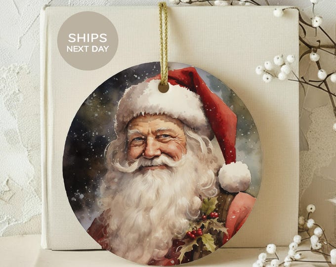 Vintage Santa Christmas Ornament, Rustic Watercolor Father Christmas Ceramic Tree Decor, Traditional Holiday Gift, Nostalgic Xmas Keepsake