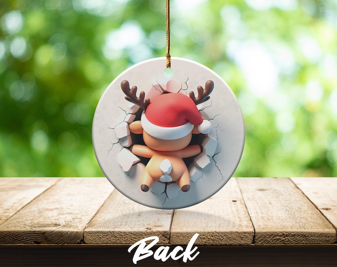 Dual-Sided 3D Effect Cute Reindeer Christmas Ornament Santa Hat Adorable Holiday Decoration Festive Deer Christmas Tree Hanging Ornament